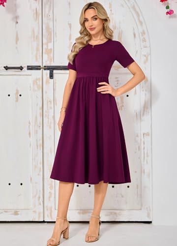 Women's Cotton Nursing Dresses Breastfeeding Midi Breastfeeding Dress with Pockets - color: Burgundy, size: Medium