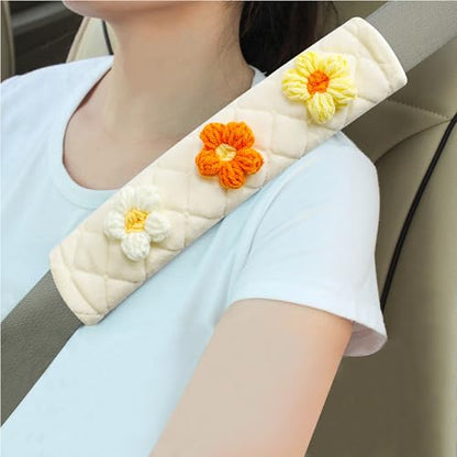 Amooca 2-Pack Braid Pattern Seat Belt Covers Shoulder Pads for Car & Bag - color: Yellow Orange White Flower