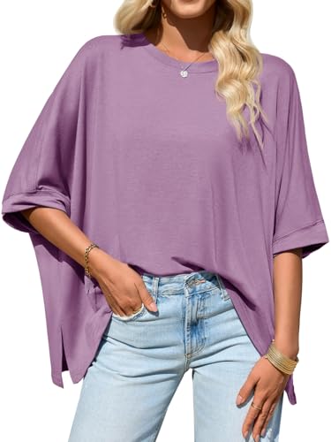 Tankaneo Womens Oversized Tshirts Batwing Short Sleeve Asymmetric Hem Tops - color: Purple, size: Medium