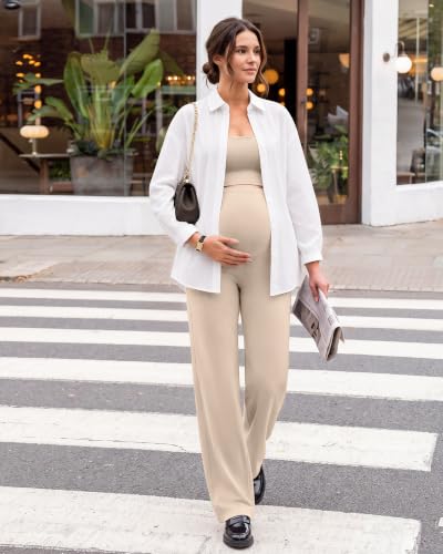 G4Free EverGoing Maternity Pants Over the Belly Pregnancy Work Trousers - color: Light Khaki, size: X-Large