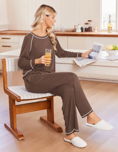 Ekouaer Womens Pajamas Long Sleeve Pjs Soft Loungewear 2 Piece Lounge Sets - color: Brown, size: X-Large