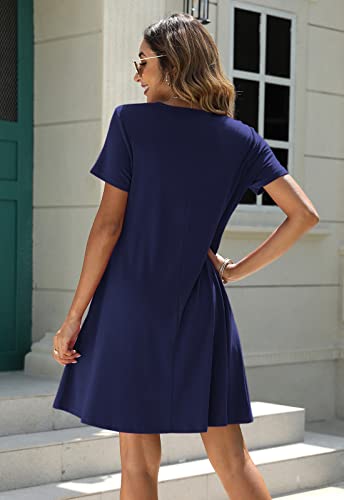 Manydress Women's Button Down Summer Dress Short Sleeve with Pockets - color: Dark Blue, size: Large
