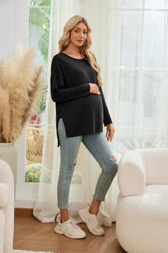 Smallshow Women's Long Sleeve Maternity Shirts Loose Tunic Pregnancy Tops - color: Black, size: X-Large
