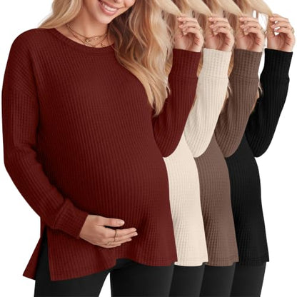 Xaatren 4 Pack Womens Maternity Long Sleeve Shirts Waffle Tops - color: Autumn Leaf Red, Cream, Brown, Black, size: Large