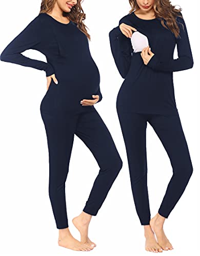Ekouaer Nursing Pajamas Set Long Sleeve Maternity Clothes Thermal Underwear - color: Navy Blue, size: X-Large