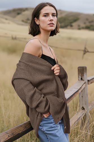 OUGES Women's Wool Blend Chunky Oversized Cardigan Soft Knit Button Down Sweater with Pockets 2026 - color: Khaki, size: Medium