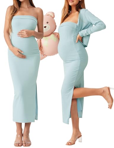 2 Piece Strapless Maternity Dress & Cardigan Set for Baby Shower - color: Light Blue, size: Medium