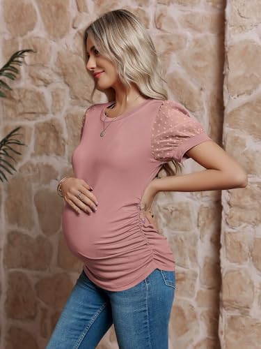 FMEYOA Women's Maternity Shirt Long Sleeve Top Mock Neck Blouse - color: Z-pink, size: Medium