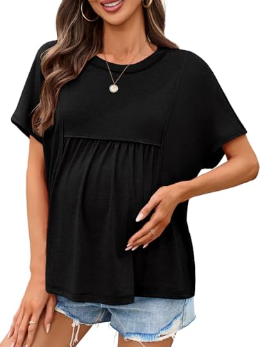 Tankaneo Womens Maternity Tops Batwing Short Sleeve Pregnancy T Shirts - color: Black, size: Small