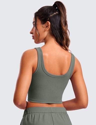 CRZ YOGA Ribbed U Neck Crop Tank Tops - color: Grey Sage, size: XX-Small