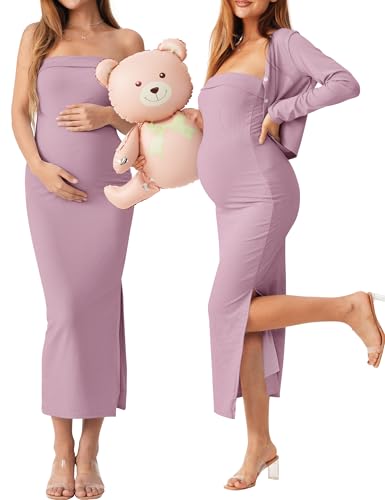 2 Piece Strapless Maternity Dress & Cardigan Set for Baby Shower - color: Dusty Purple, size: Medium