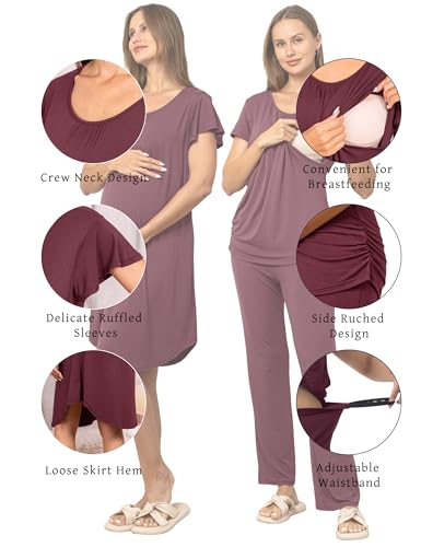 SUNNYBUY 3 PCS Maternity Nursing Sleepwear Set with Nightgown, Top & Pants - color: Burgundy, size: Medium