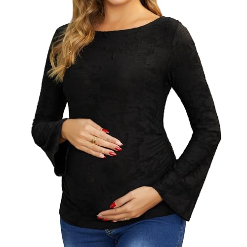 Womens Maternity Lace Floral Bell Sleeves Semi-Sheer Blouses - color: Black, size: Medium