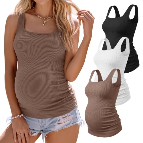 3 Pack Maternity Tank Tops Pregnancy Shirts - color: Coffee, White, Black, size: Small