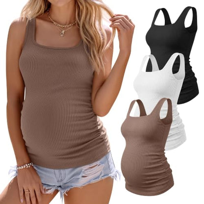 3 Pack Maternity Tank Tops Pregnancy Shirts - color: Coffee, White, Black, size: Small