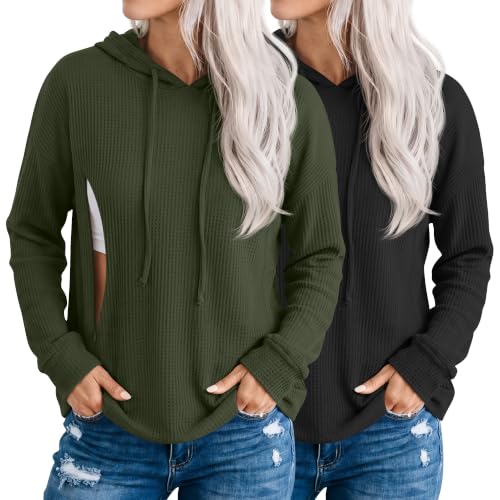 Ficerd 2 Pack Women's Nursing Waffle Hoodies Breastfeeding Tops - color: Army Green, Black, size: Medium