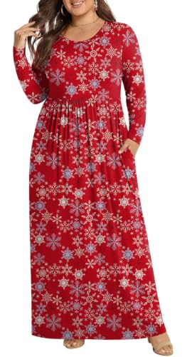POPYOUNG Womens Plus Size Maxi Dresses Curvy Long Sleeve Fall Dress Outfits - color: Christmas Snow Red, size: 3X-Large
