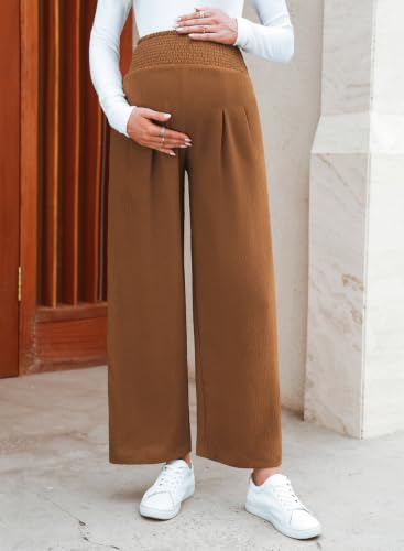 BLENCOT Women's Maternity Pants Smocked Palazzo Pregnancy Trousers - color: Camel, size: Medium