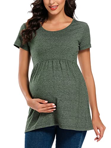 Jezero Women's Maternity Tops Short & Long Sleeve Side Ruching Round Neck Shirts - color: 05aa-hunterbe, size: Medium