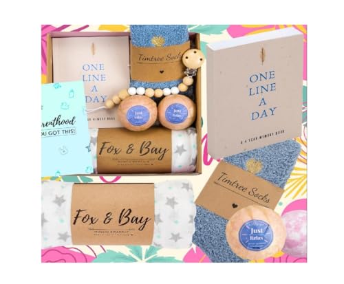Luxury Gift Set for New & Expecting Moms | 4-Year One Line a Day Journal, 2 Bath Bombs, Cozy Socks, Greeting Card | Complete Bundle |
