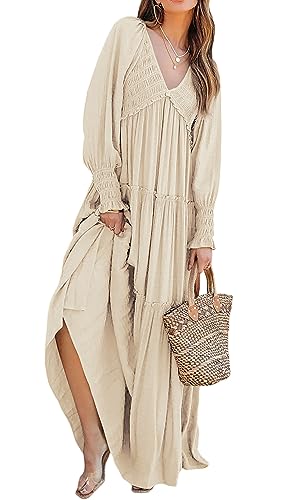 R.Vivimos Long Sleeve V Neck Flowy Maxi Dresses for Women - color: Beige, size: X-Large