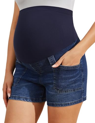 AMPOSH Maternity Denim Shorts Over The Belly Pregnancy Jean Shorts with Deep Pockets, High Waist Stretch Summer Denim, S-XXL - color: Dark Wash, size: XX-Large