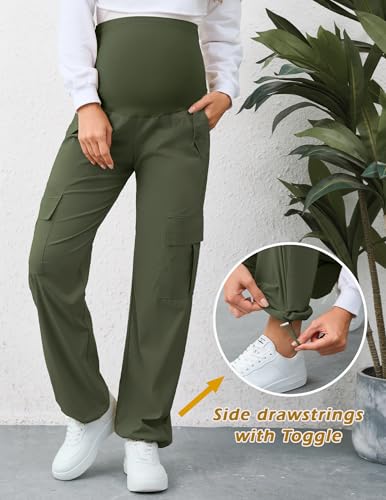 AMPOSH Women's Maternity Cargo Pants with 6 Pockets Quick-Dry Pregnancy Hiking Pants - color: Olive, size: Medium
