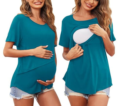 Women's Maternity Nursing Tops Soft Breastfeeding Shirts Pregnancy Tees - color: Blue Green, size: Medium