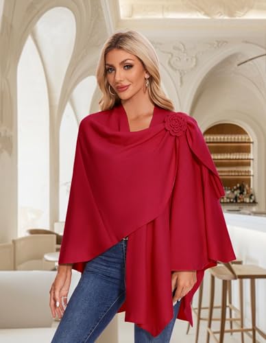 PULI Women Elegant Cross Front Floral Shawl Wraps Poncho Fall Winter - color: Red