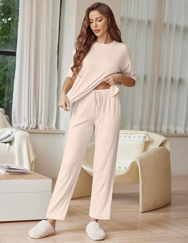 Ekouaer Lounge Sets for Women Soft Comfy Pajama Set 2 Piece Outfits - color: Beige, size: Medium