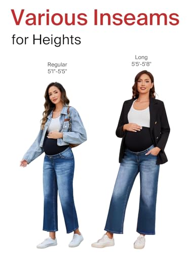 Ecavus Women's Maternity Jeans Over Belly Wide Leg Comfy Stretch Denim Pants with Pockets, XS-XXL - color: Dark Blue Regular, size: Medium