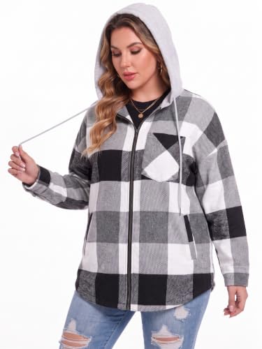 OLRIK Women's Plus Size Hooded Flannel Shacket Zip Up Jacket - color: Beige Black Gray, size: 3X