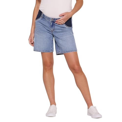 Motherhood Maternity Women's Under the Belly Bermuda Denim Pregnancy Shorts with Side Elastic Panel Insets - size: Small