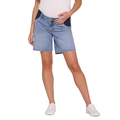 Motherhood Maternity Women's Under the Belly Bermuda Denim Pregnancy Shorts with Side Elastic Panel Insets - size: Small