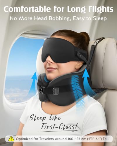 YFONG Travel Pillow with Head Support & Sleep Mask for Long Flights, Black - color: Black