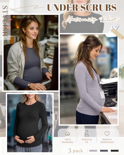 Neer 3 Pack Maternity Under Scrub T Shirt Long Sleeve Undershirt - color: Black, Dark Gray, Light Gray, size: Medium