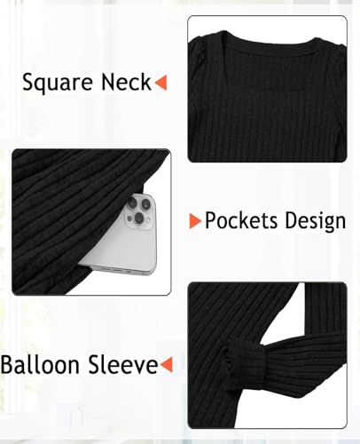 CzzzyL Womens Nursing Fall Dresses Square Neck Knit Sweater with Pockets - color: Black, size: Medium