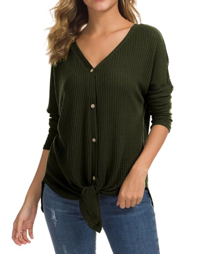 IWOLLENCE Womens Button Down Henley Long Sleeve Blouse - color: Army Green, size: 3X-Large