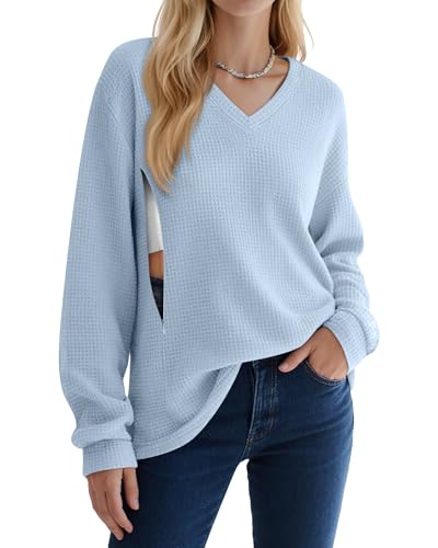 Women’s Waffle Knit Nursing Shirts Regular Fit - color: Light Blue, size: Large