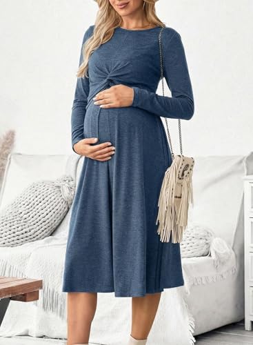 BLENCOT Maternity Nursing Midi Dress Twist Knot Pull Up Feed Postpartum - color: Dusk Blue, size: Medium
