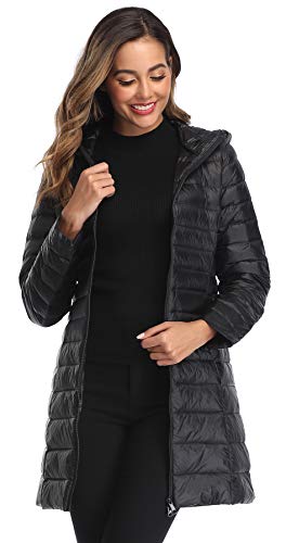 Obosoyo Women's Winter Packable Down Jacket Plus Size Ultralight Long Down Outerwear Puffer Jacket Hooded Coat - color: Black, size: Large