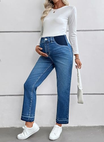 BLENCOT Women Maternity Pants High Waisted Straight Leg Ankle Jeans - color: Ashleigh Blue, size: Medium