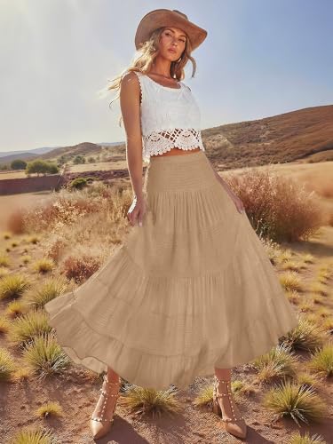onlypuff Maxi Skirt Women Western Midi Chiffon Flowy Boho Fall Outfits - color: A-beige, size: Small