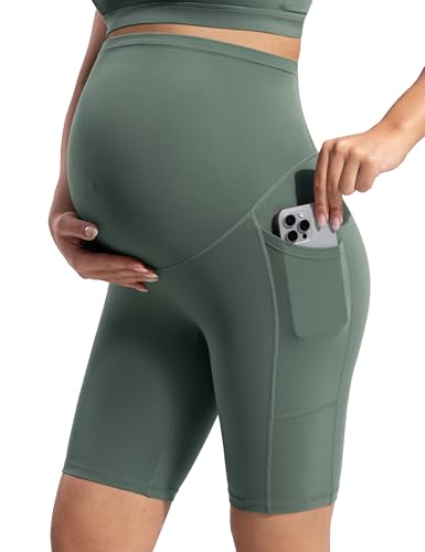 POSHDIVAH Creamluxe Maternity Biker Shorts with Pockets 6"/8" - color: Olive Mist, size: Medium