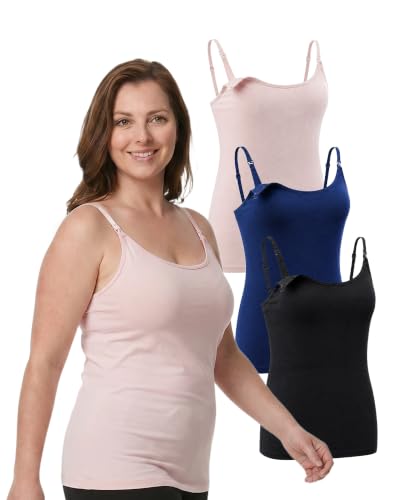 Under Control 3 Pack Maternity Nursing Tops & Tees Breastfeeding Tanks Top Camis with Support Bra - color: Pink/Navy/Black, size: Medium