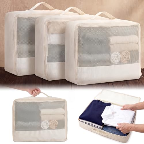 Shinymoon 3 Set 100% Cotton Packing Cubes 18"x12"x4" Mesh Beige - color: Beige, size: 18"x12"x4", style: Mesh