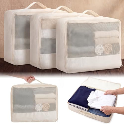 Shinymoon 3 Set 100% Cotton Packing Cubes 18"x12"x4" Mesh Beige - color: Beige, size: 18"x12"x4", style: Mesh