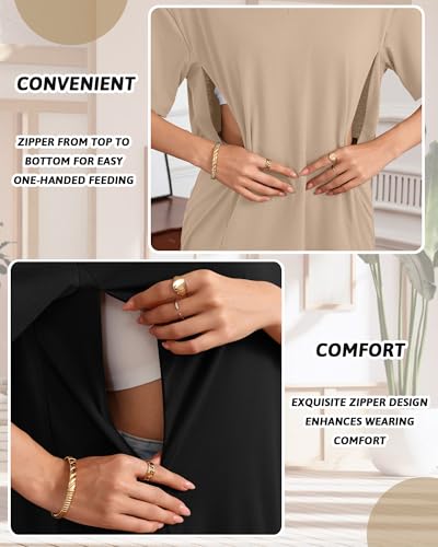 3 Pack Women's Oversize Nursing Shirts - color: Light Purple, Khaki, Black, size: XX-Large