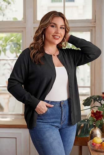 OLRIK Plus Size Long Sleeve Crewneck Cardigan Classic Fall Knit - color: Black, size: 2X