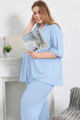 Women Plus Size Button Down Pajamas Long Pants Lounge Sets PJS - color: Sky Blue, size: XX-Large